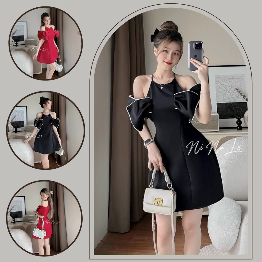 Đầm váy nữ cổ yếm dáng xòe trễ vai phối viền tay sang chảnh