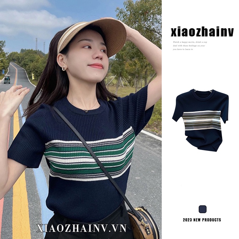 Áo sweater nữ Xiaozhainv dệt kim tay ngắn dáng ôm kẻ sọc đơn giản thời trang mùa hè