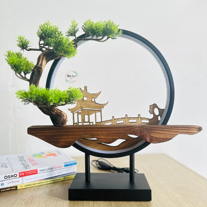 Khung đèn led hào quang kết hợp kệ gỗ đặt tượng, Khung led kèm cây nhựa kiểu bonsai Tặng kèm 10 nụ trầm hương Ấn Độ