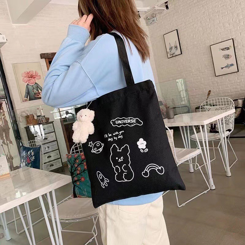 Túi Tote Vải Canvas Thỏ Cute Style Ulzzang Đi Học Đi Chơi Xinh Xắn Có Khóa Kéo MTT0295
