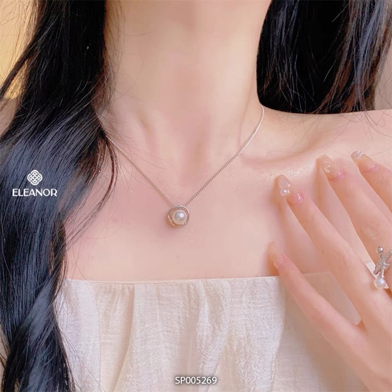 Dây chuyền nữ bạc 925 Eleanor Accessories mặt tròn đính ngọc trai nhân tạo phụ kiện trang sức 5269