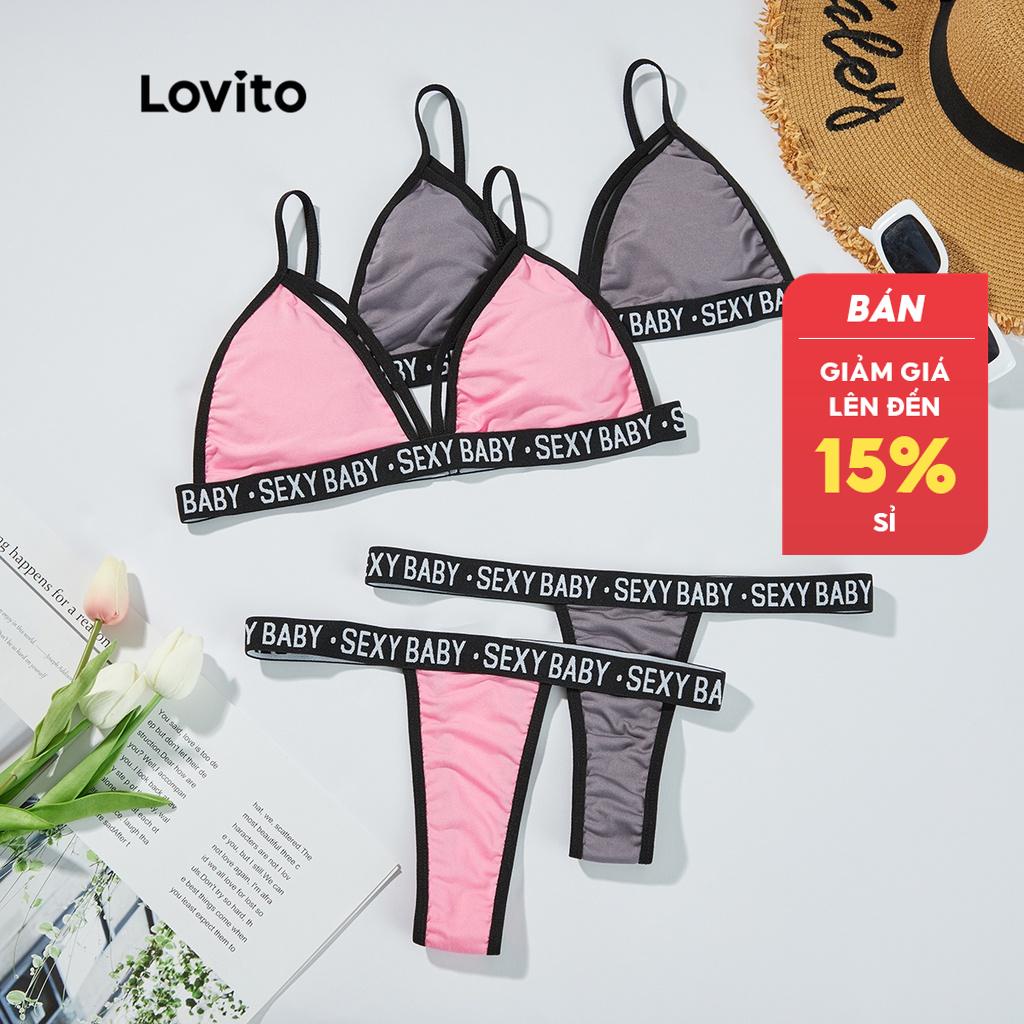 Set đồ bơi hai mảnh Lovito in chữ phong cách sexy L00307 (Màu hồng/xám)