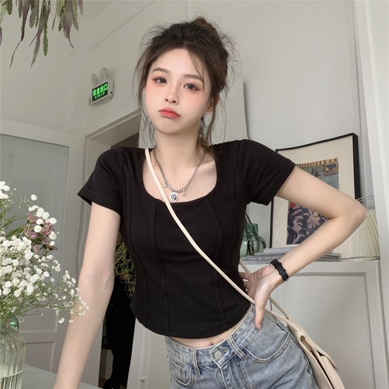 COZOK Áo Thun Nữ Tay Ngắn Cổ Vuông Phong Cách Hàn Quốc