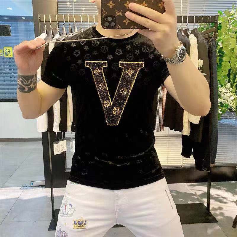 LV Áo Thun Nam Ngắn Tay Ôm Dáng Màu Sắc Đơn Giản Phong Cách Hàn Quốc