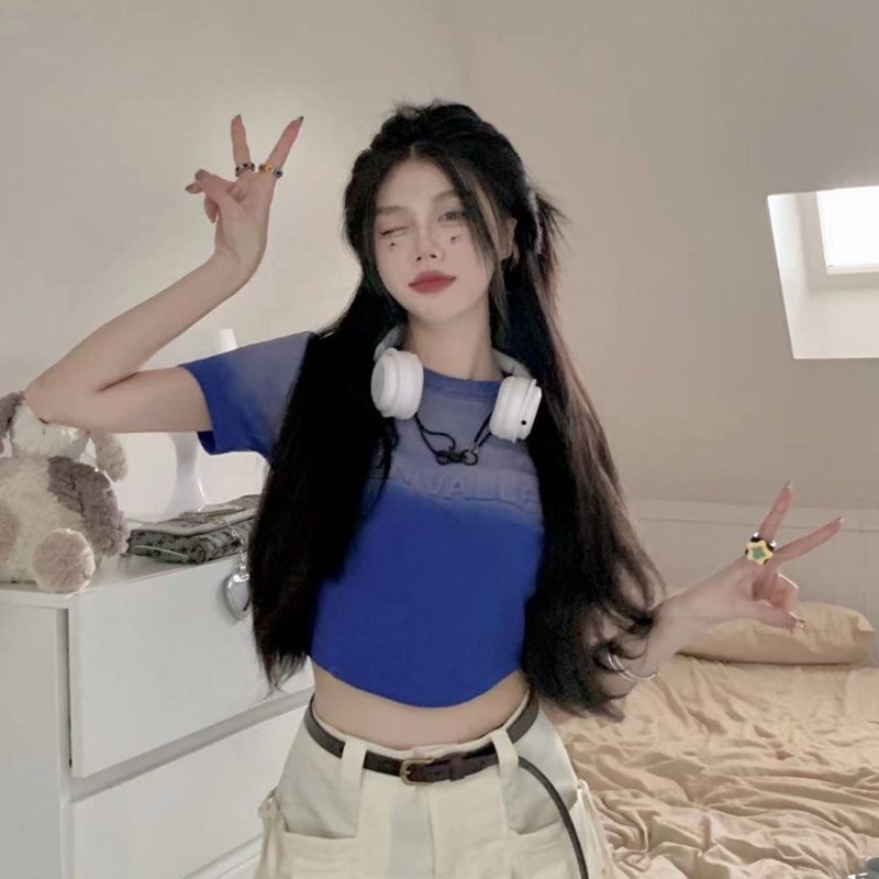 IELGY  Áo Thun Tay Ngắn Nhuộm Màu Loang In Chữ Phong Cách Mỹ Cổ Điển Thời Trang Cho Nữ