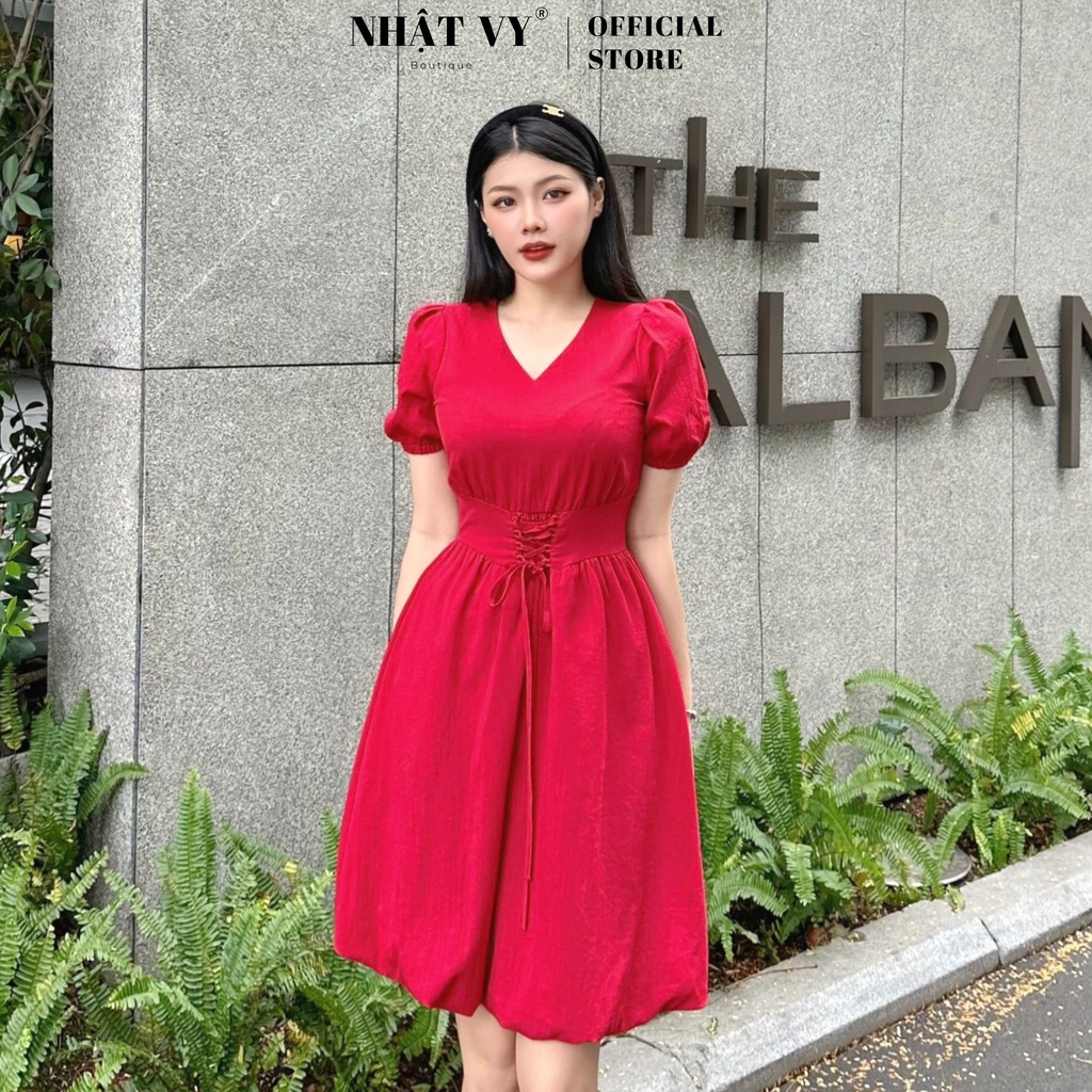 Đầm đi chơi Nhật Vy cổ V tay lửng bo thun rút dây eo dáng xoè chất thun xước phù hợp cafe dạo phố - D2618