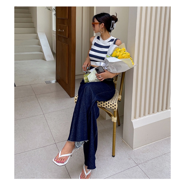 Áo Dệt Kim Ngắn Cổ Tròn Họa Tiết Kẻ Sọc Nhiều Màu Sắc Thời Trang Mùa Hè 2023 Mới Cho Nữ