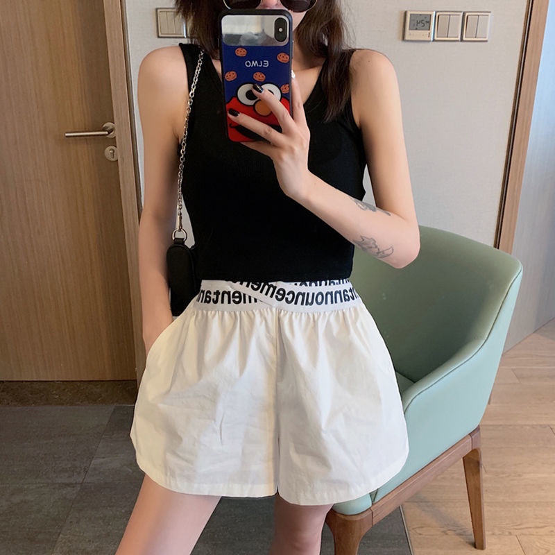 Jiashucheng Quần Short Lưng Cao Ống Rộng Màu Đen Thời Trang Mùa Hè Cá Tính