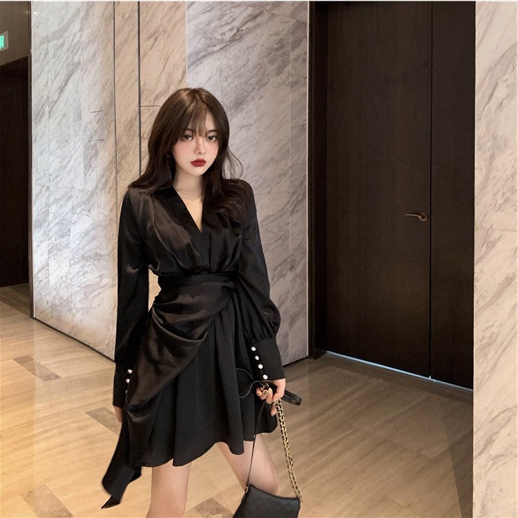 Váy Sơ Mi Tay Dài Vạt Chéo Thắt Eo LSEOUL V0975 Chất Dày Dặn Sang Trọng Kiêu Sa