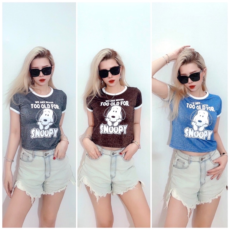 Áo croptop ôm thun lụa kim tuyến viền trắng in Chó Snoopy