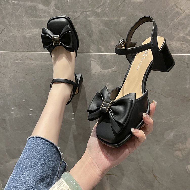Giày Cao Gót Mũi Tròn Thắt Nơ Xinh Xắn Thời Trang