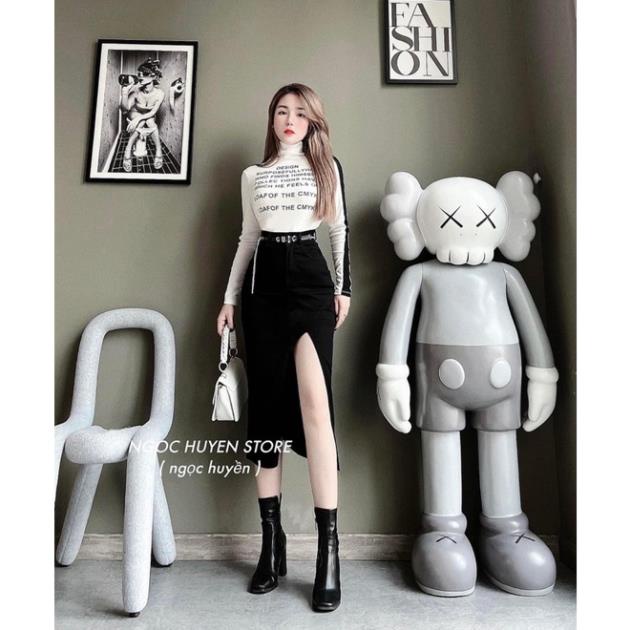 Chân Váy jeans Dài Co Giãn Xẻ Trước, Đính Nút Xịn Đẹp, Đen, Trắng, Xanh