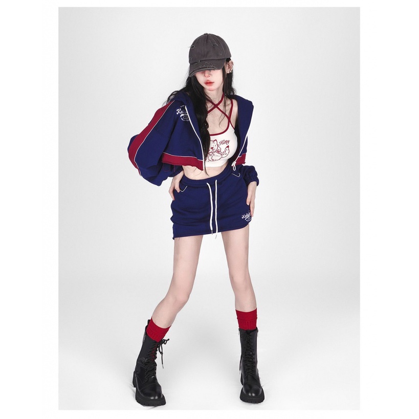 Bán Chạy!Set Đồ Thể Thao Gồm Áo Khoác Tay Dài Và Váy Ngắn Màu Xanh Dương In Họa Tiết Mèo Thời Trang Quyến Rũ Cho Nữ y2k