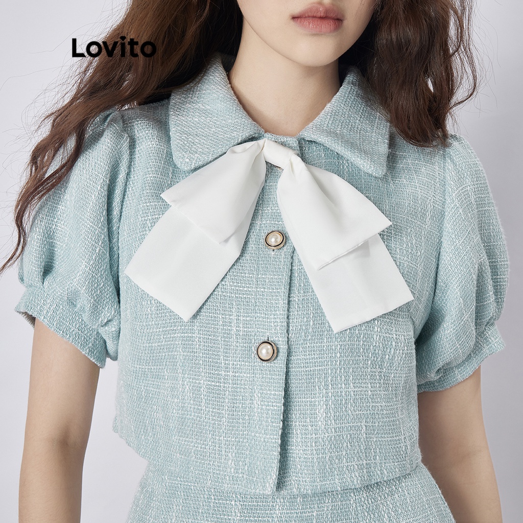 Bộ váy nữ có nút thắt nơ trơn giản dị