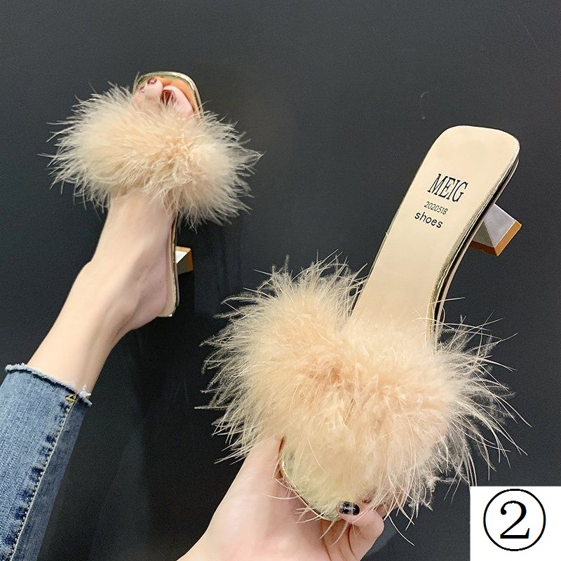 Dép Cao Gót Quai Ngang Phối Lông Phong Cách Hàn Quốc Thời Trang Mới Cho Nữ