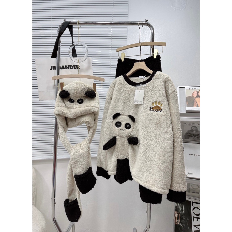 Bộ bông hình gấu đen dài tay, bộ mặc nhà lông siêu dễ thương
