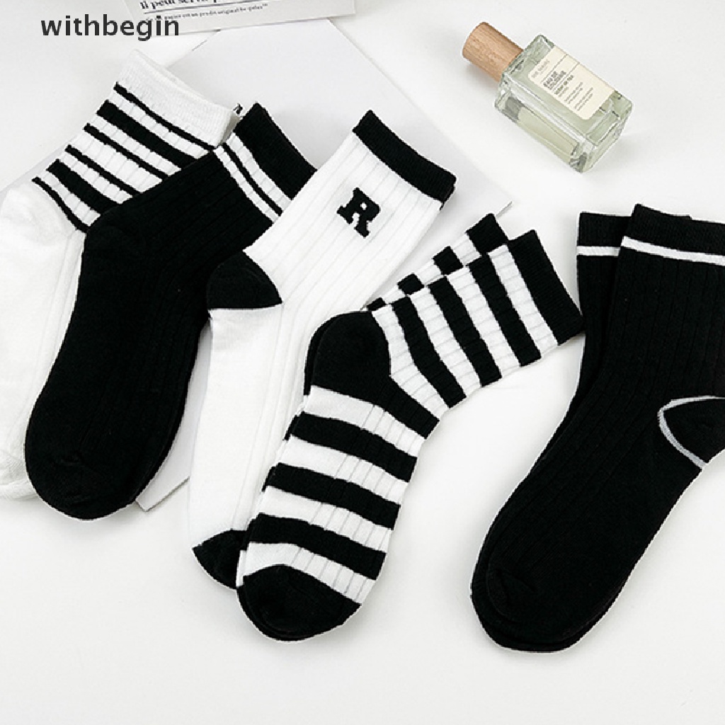 Set 2 Đôi Vớ Cotton Giữ Ấm Thoáng Khí Thoải Mái Họa Tiết Kẻ Sọc Chữ R Thời Trang Thường Ngày Cho Nữ