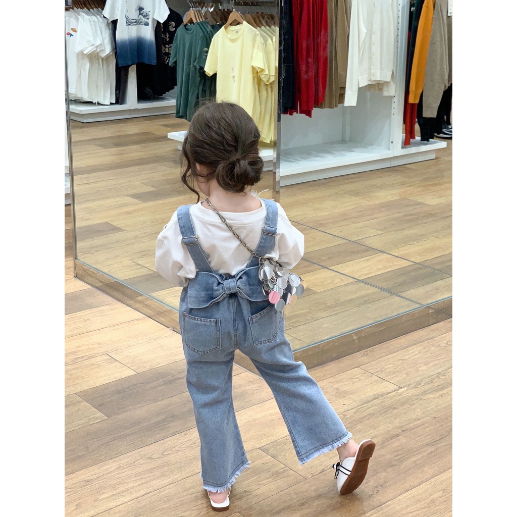 Bộ Áo Thun In Chữ + Quần Yếm Denim Thời Trang Mùa Xuân 2023 Mới Cho Bé Gái