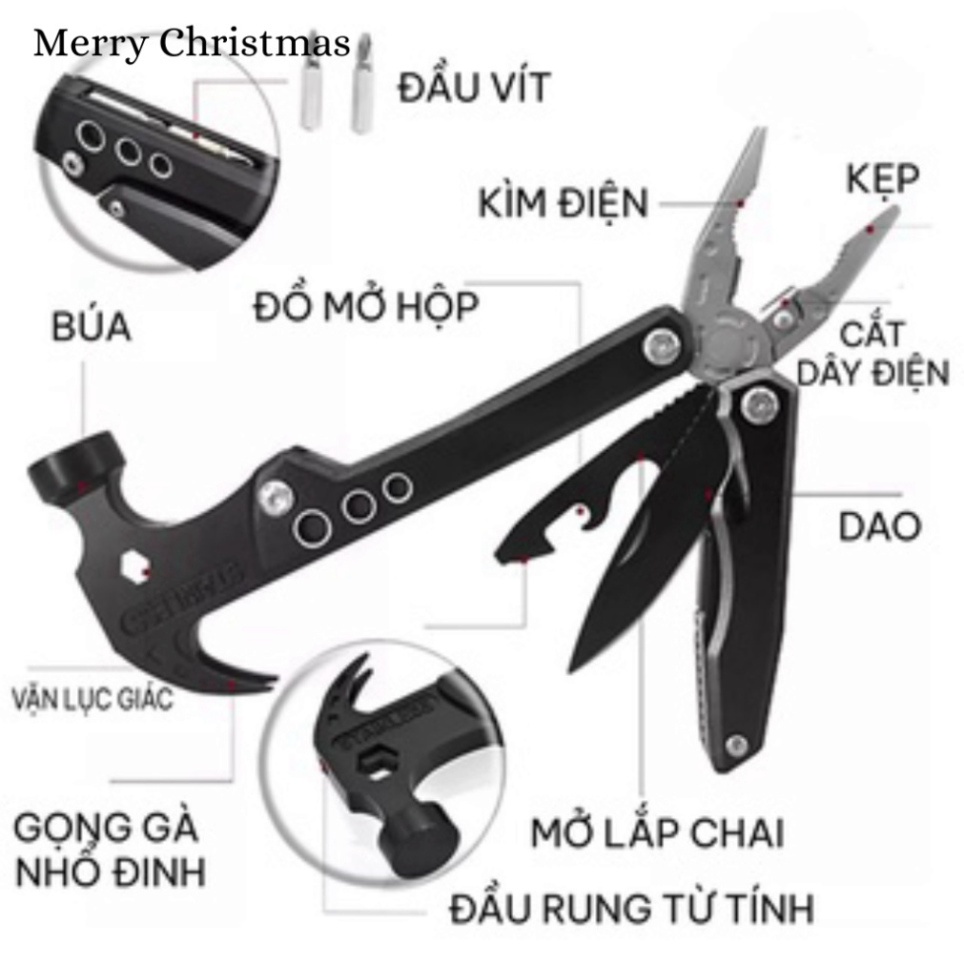 Búa - Kìm - Tua Vít gấp gọn đa năng 14 in1 bằng Thép không gỉ - Bộ dụng cụ đi phượt, cứu hộ