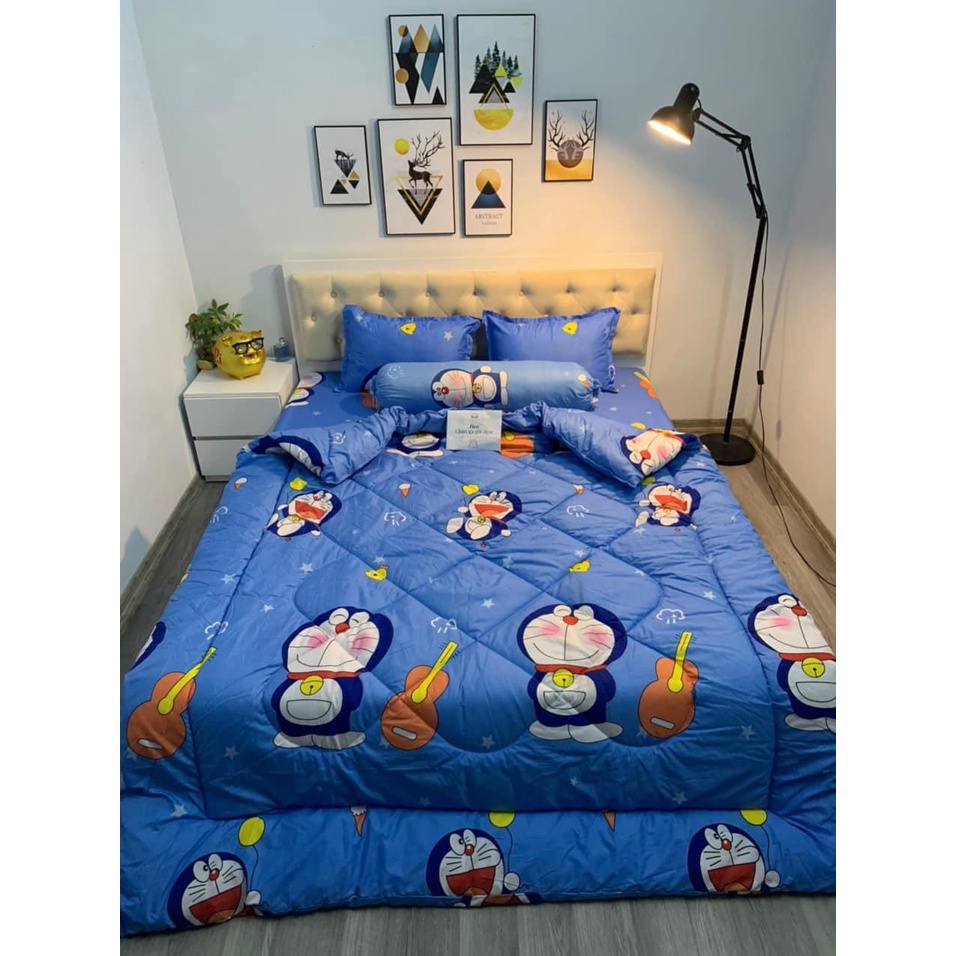 Bộ 5 món chăn phao doraemon cotton poly, set 5 món chăn phao doremon miễn phí bo chun ga giường