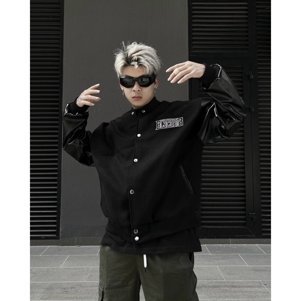 Áo Khoác Bomber Varsity Nỉ Dạ Tay Da Thêu Full Mrnearly Nam Nữ Unisex 2 Lớp Dày Dặn