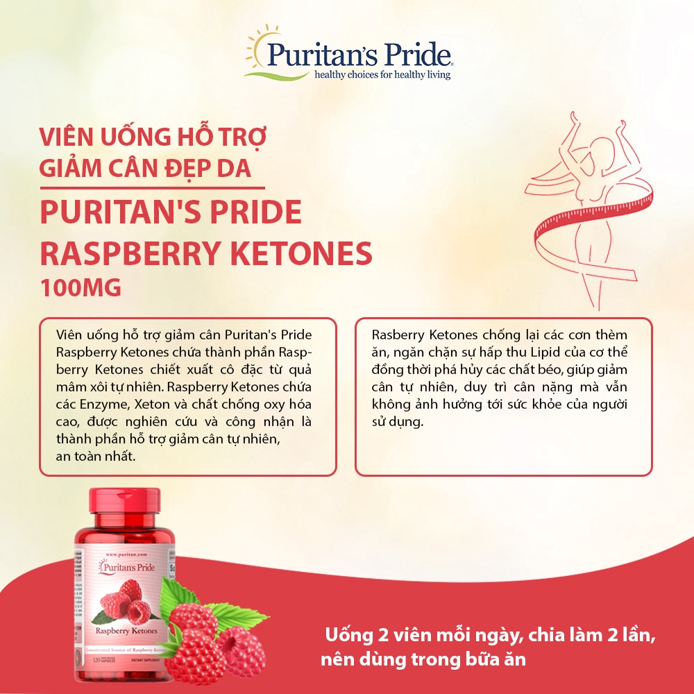 Hỗ trợ giảm cân đẹp dáng, giảm lượng cholesterol trong máu Raspberry Ketones 100mg 120 viên Puritan's Pride của Mỹ