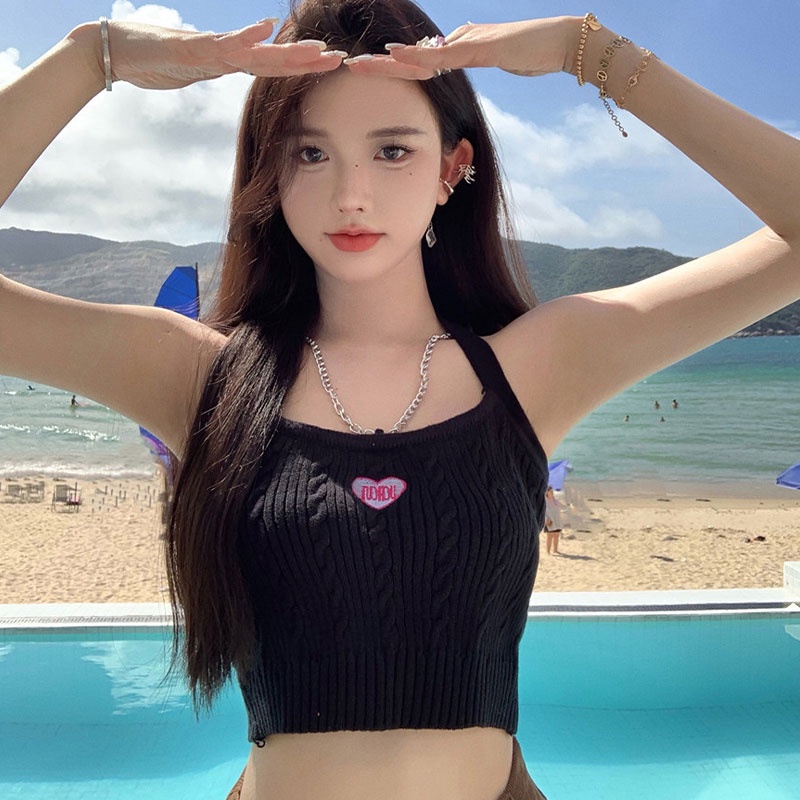 Áo Hai Dây Dệt Kim Thêu Họa Tiết Trái Tim Thời Trang Mùa Hè Hàn Quốc Cho Nữ