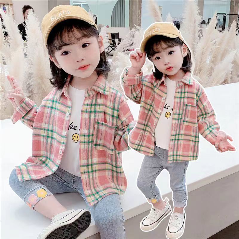 Áo Sơ Mi Tay Dài Họa Tiết Caro Phong Cách Phương Tây Thời Trang Cho Bé Gái