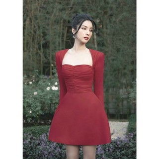 [3.3 Sales Freeship] Đầm thiết kế tay dài bo nhún cổ vuông chất da lộn đẹp như hình, váy đi cưới tay dài tôn dáng dx