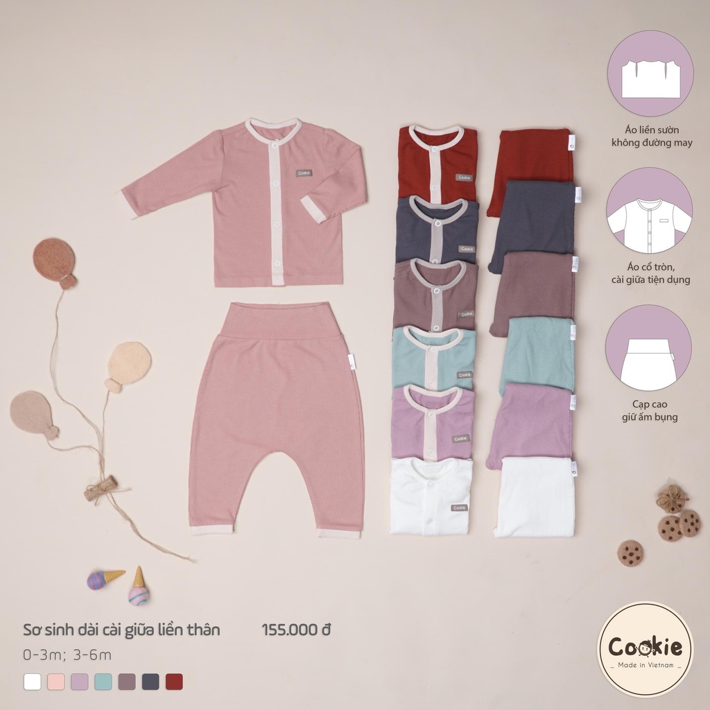 Bộ quần áo dài tay Cookie sơ sinh cài vạt giữa 0-6 tháng ( form bé )
