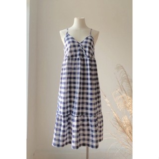  WYOU Váy 2 dây babydoll caro xanh than hè thiết kế nhún tầng 