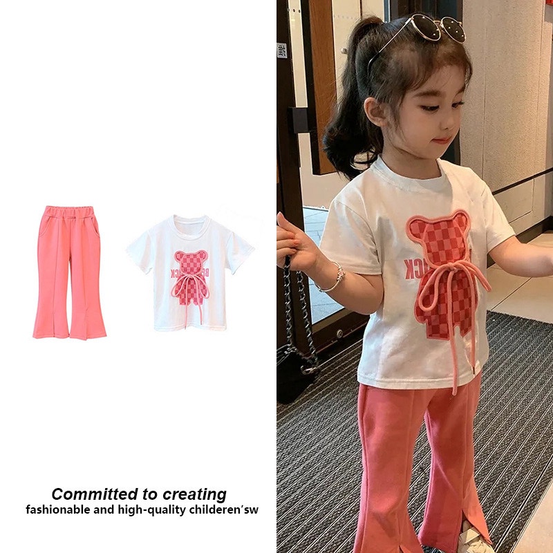 Bộ đồ IQ ANGEL gồm áo thun tay ngắn in hoạt hình phối quần dài ống loe thời trang mùa hè cho bé gái