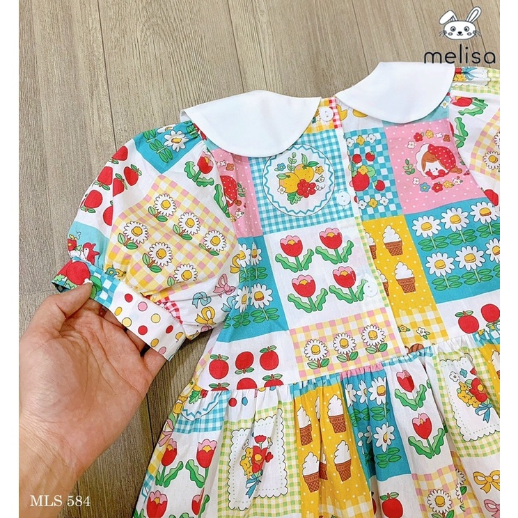 Đầm Melisa hoạ tiết hoa bé gái cổ sen thêu đáng yêu cho bé gái