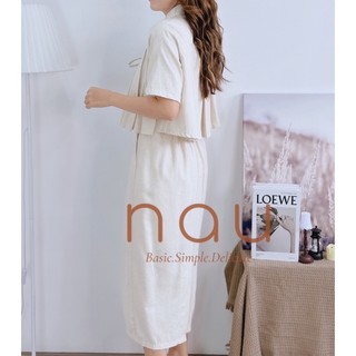 Set linen áo phối dây cột chân váy midi