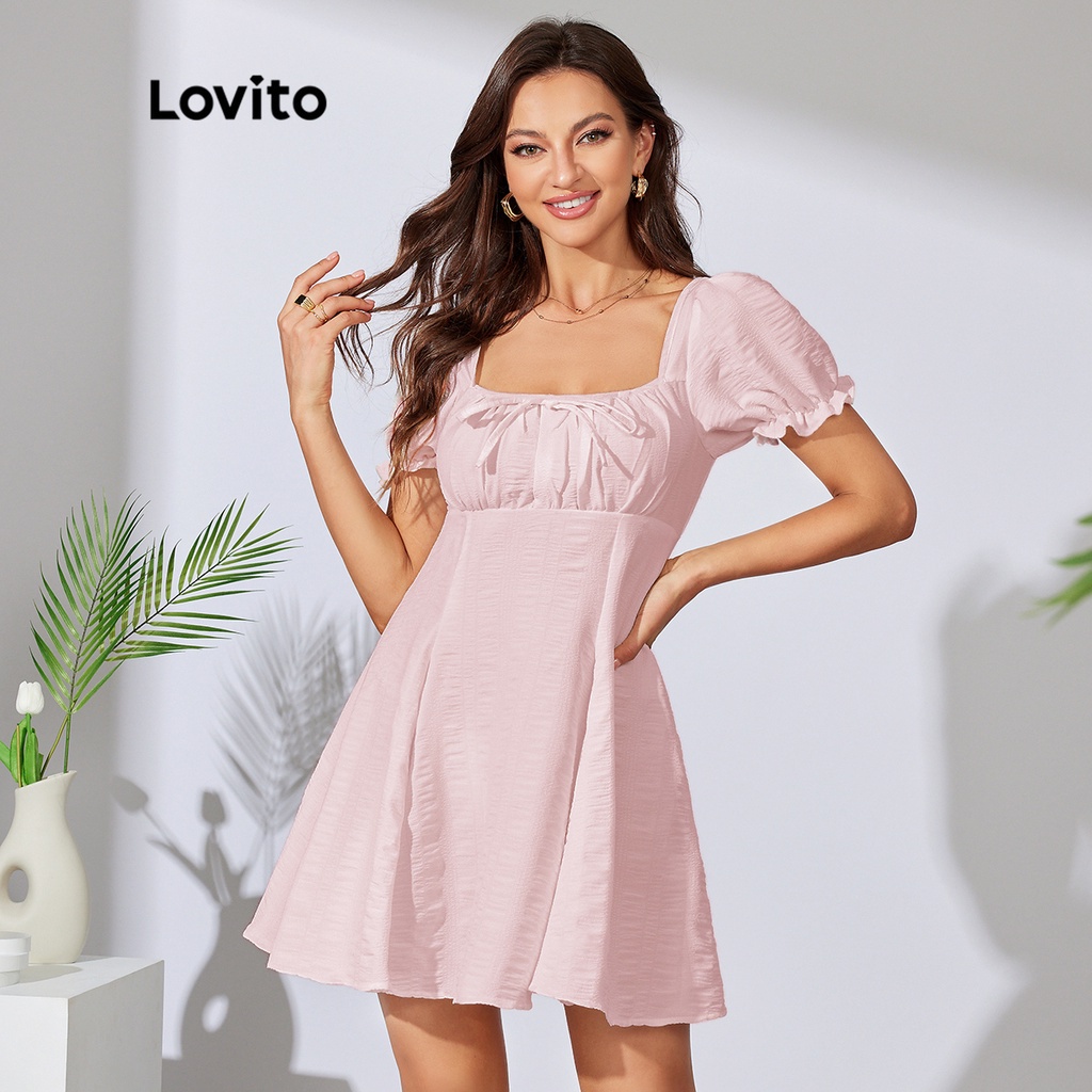 (Hàng Có Sẵn) Đầm Chữ A Tay Phồng Cổ Vuông Màu Trơn Thanh Lịch Dành Cho Nữ L29LD028 (Trắng / Hồng)