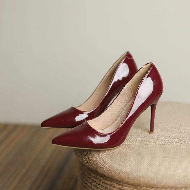 Giày Cao Gót Da Mũi Nhọn Màu Đỏ Rượu Vang Phong Cách Pháp Cho Nữ