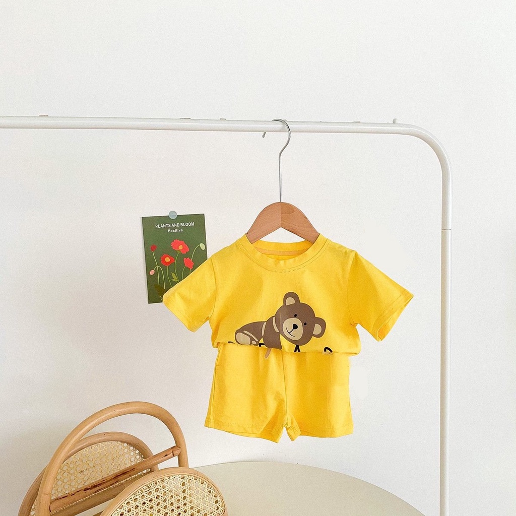 Bộ cộc tay cho bé trai bé gái hoạ tiết hình gấu Bear dễ thương Hokiha Kid size 8-15kg TE164