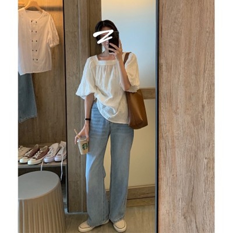 Hàng Mới Về Mới Áo Sơ Mi Ngắn Tay Cổ Vuông Phong Cách Hàn Quốc Thời Trang Cho Nữ