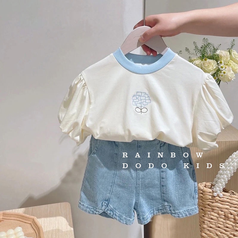 Set Áo Thun Ngắn Tay Thêu Họa Tiết 2023 + Quần Short Denim Thời Trang Cho Bé Gái