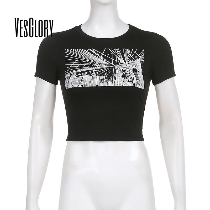 Áo Thun Tay Ngắn Cổ Tròn Màu Trơn In Họa Tiết Trừu Tượng Thời Trang Cho Nữ