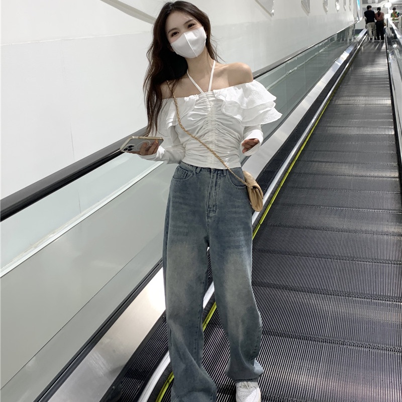 Áo sơ mi SUXI tay dài phồng trễ vai dáng ôm thời trang mùa xuân xinh xắn cho nữ