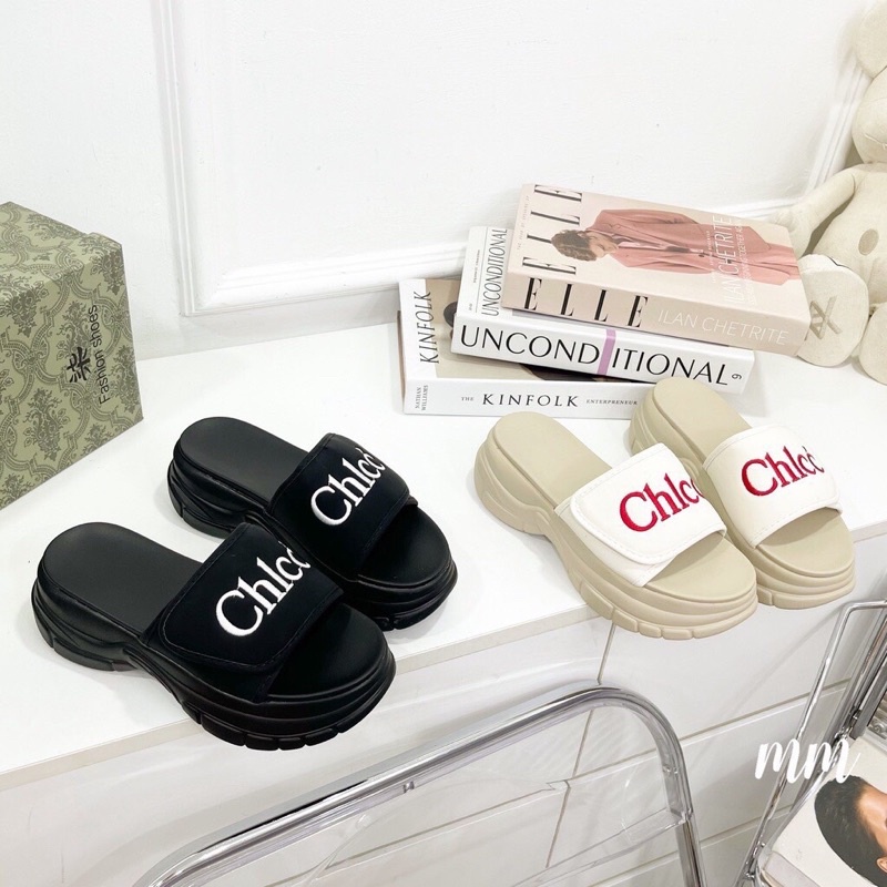 Dép đế xuồng chữ thêu CHLCC đế nhẹ cao 5cm hàng quảng châu full hộp