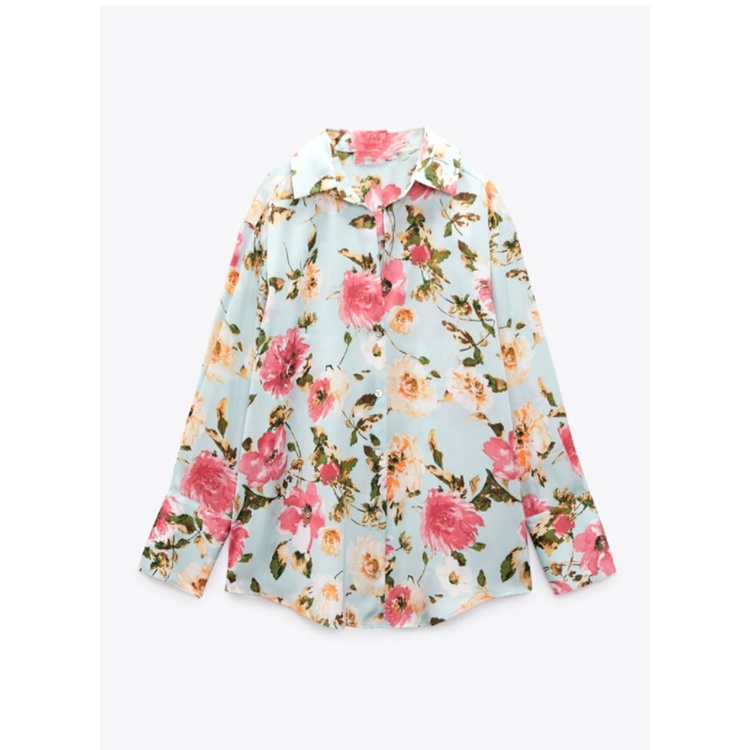 Áo Sơ Mi Zara Vải Lụa Satin Cổ V In Hoa Đóng Cúc Thời Trang Mùa Xuân 237969235