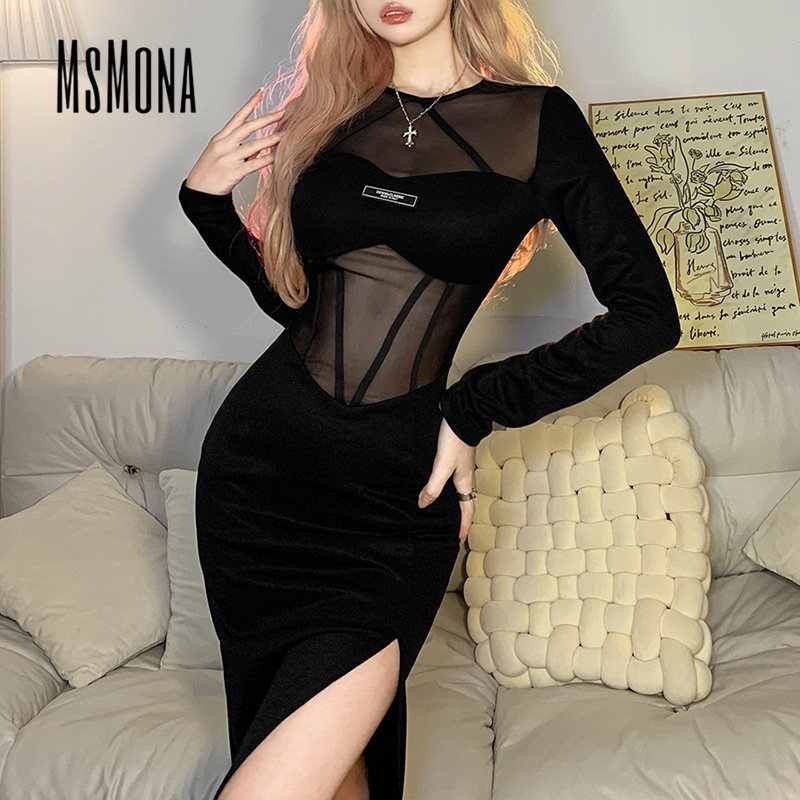 MsMona Đầm Tay Dài Cổ Tròn Màu Trơn Thời Trang 2023 Quyến Rũ Cho Nữ