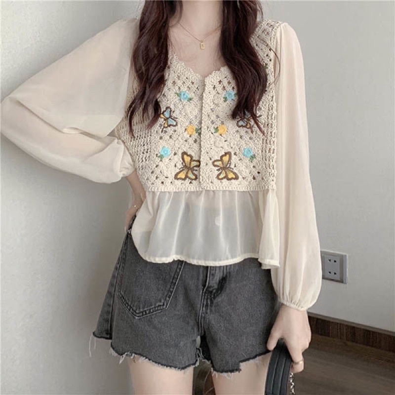 Áo babydoll sợi móc hoạ tiết phối voan tiểu thư