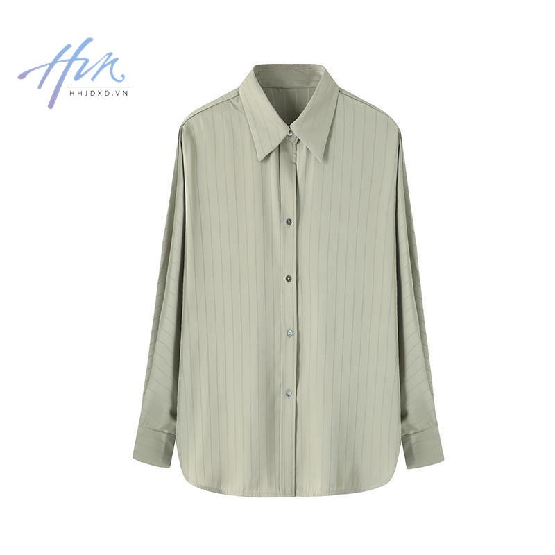 Áo Sơ Mi Satin Đen Dài Tay Dáng Rộng Họa Tiết Kẻ Sọc Phong Cách Retro Hong Kong Cho Nữ