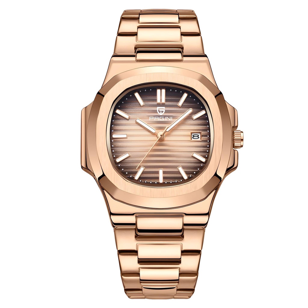 Đồng Hồ Nam Pagini PA9967 Mặt Vuông Kim Dạ Quang Có Lịch Ngày Dây Đúc Đặc Cao Cấp