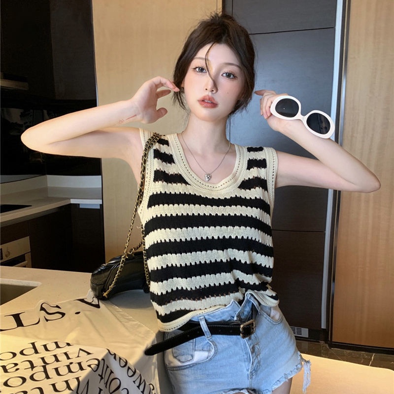 Áo Tanktop Dệt Kim Dáng Rộng Kẻ Sọc Cá Tính Thời Trang Hàn Quốc Cho Nữ