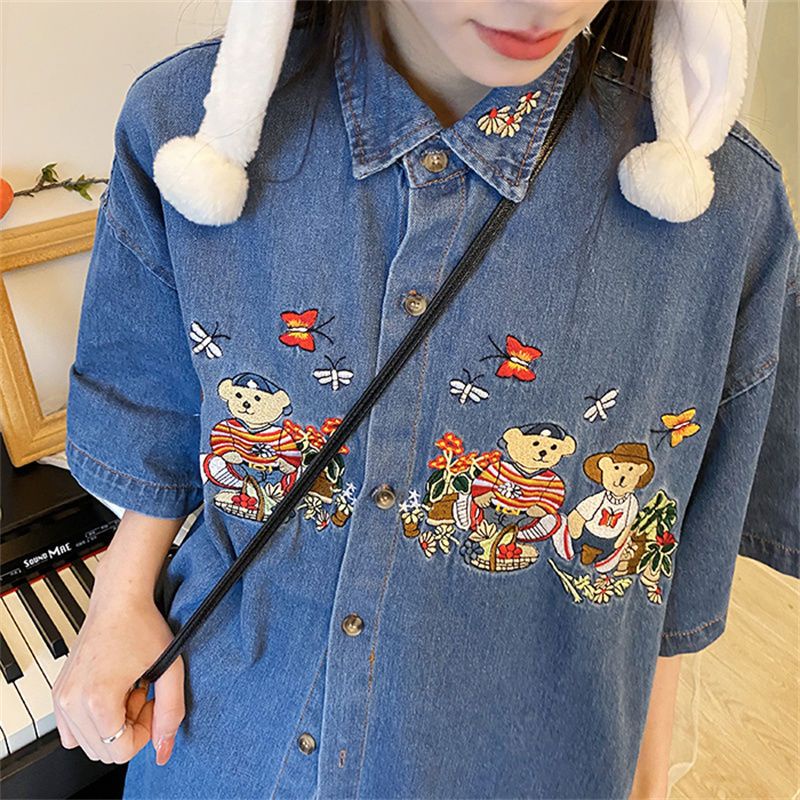 COZOK Áo Sơ Mi denim Ngắn Tay Dáng Rộng Thêu Họa Tiết Kiểu vintage