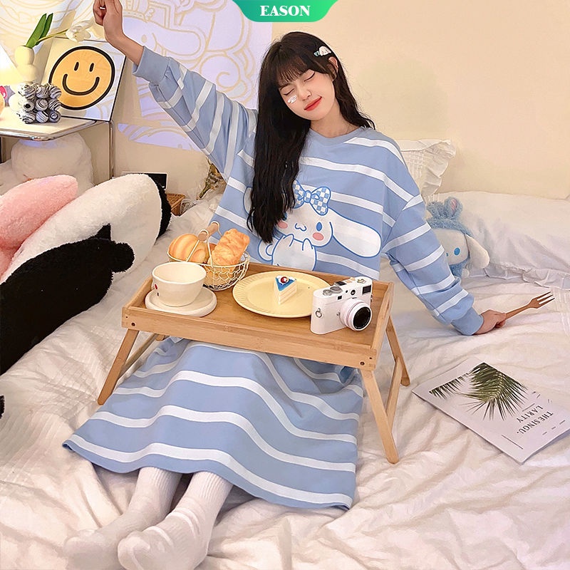 Đầm Ngủ Tay Dài Dáng Rộng In Họa Tiết Hoạt Hình Sọc Sanrio Thời Trang Xuân Thu Xinh Xắn Cho Nữ